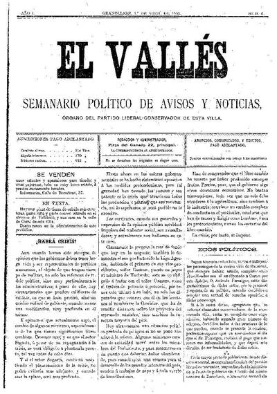 El Vallés. Semanario político de avisos y noticias, 1/4/1888 [Exemplar]