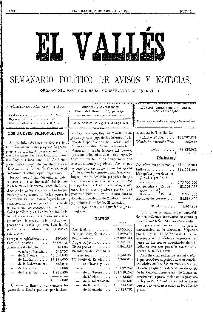 El Vallés. Semanario político de avisos y noticias, 8/4/1888 [Issue]