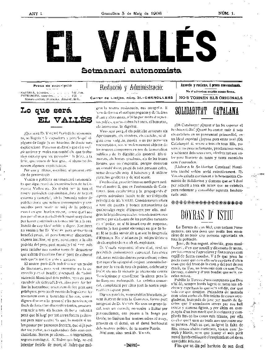 El Vallès. Setmanari autonomista, 5/5/1906 [Issue]