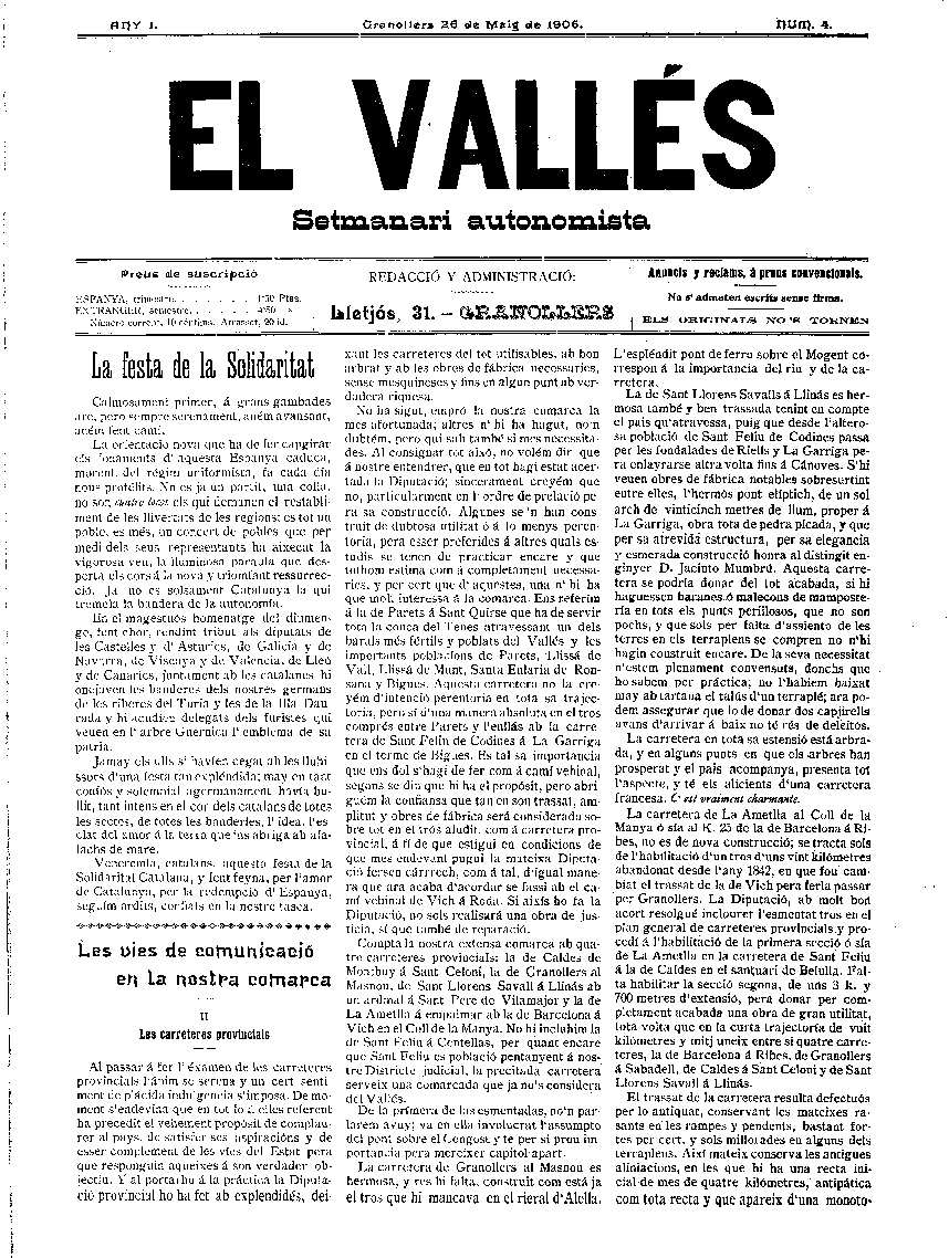 El Vallès. Setmanari autonomista, 26/5/1906 [Issue]