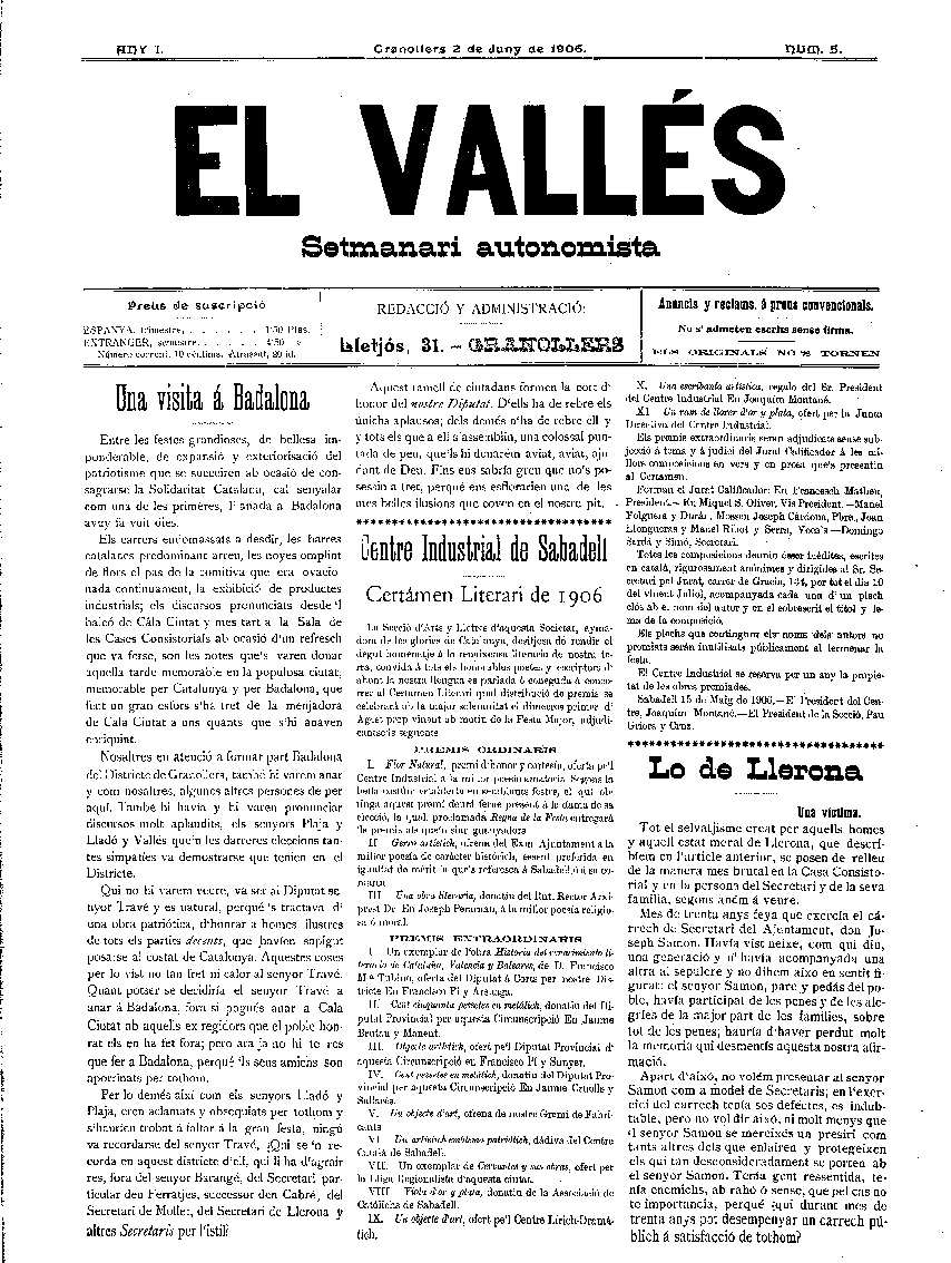 El Vallès. Setmanari autonomista, 2/6/1906 [Issue]