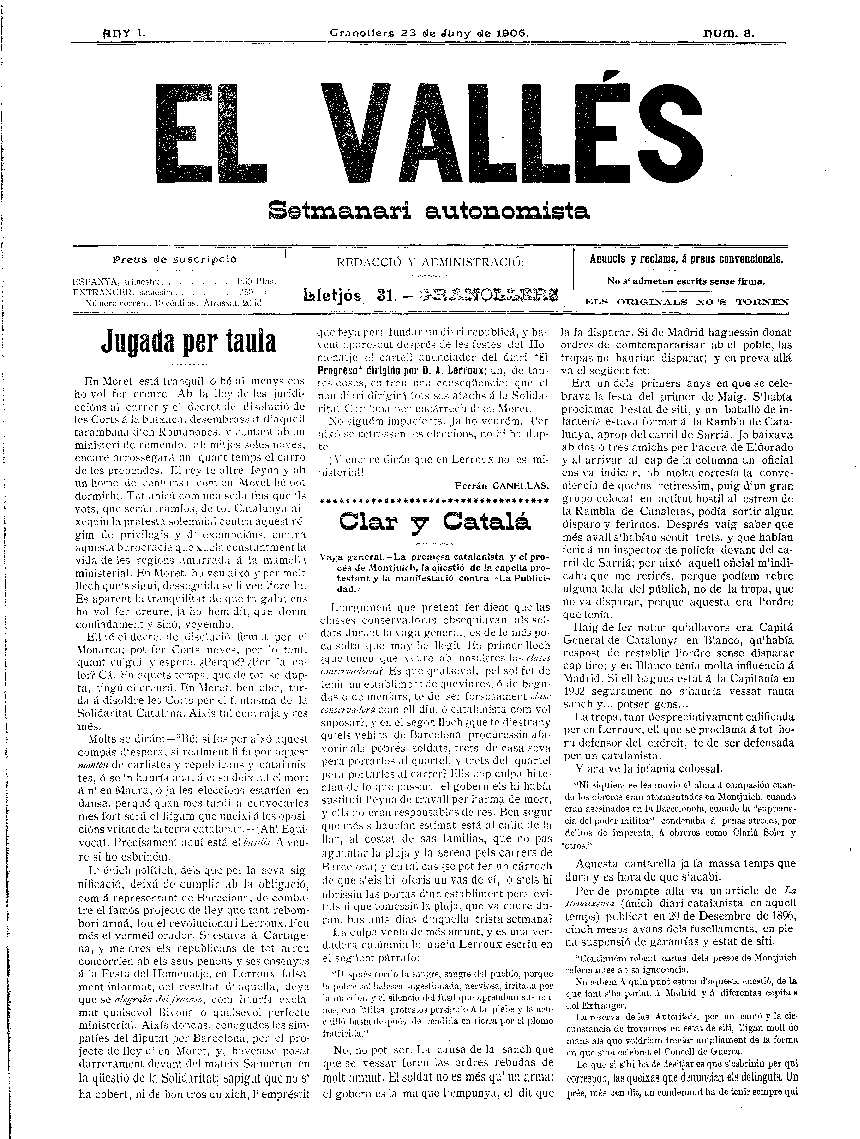 El Vallès. Setmanari autonomista, 23/6/1906 [Issue]