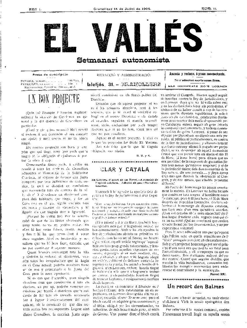 El Vallès. Setmanari autonomista, 14/7/1906 [Issue]