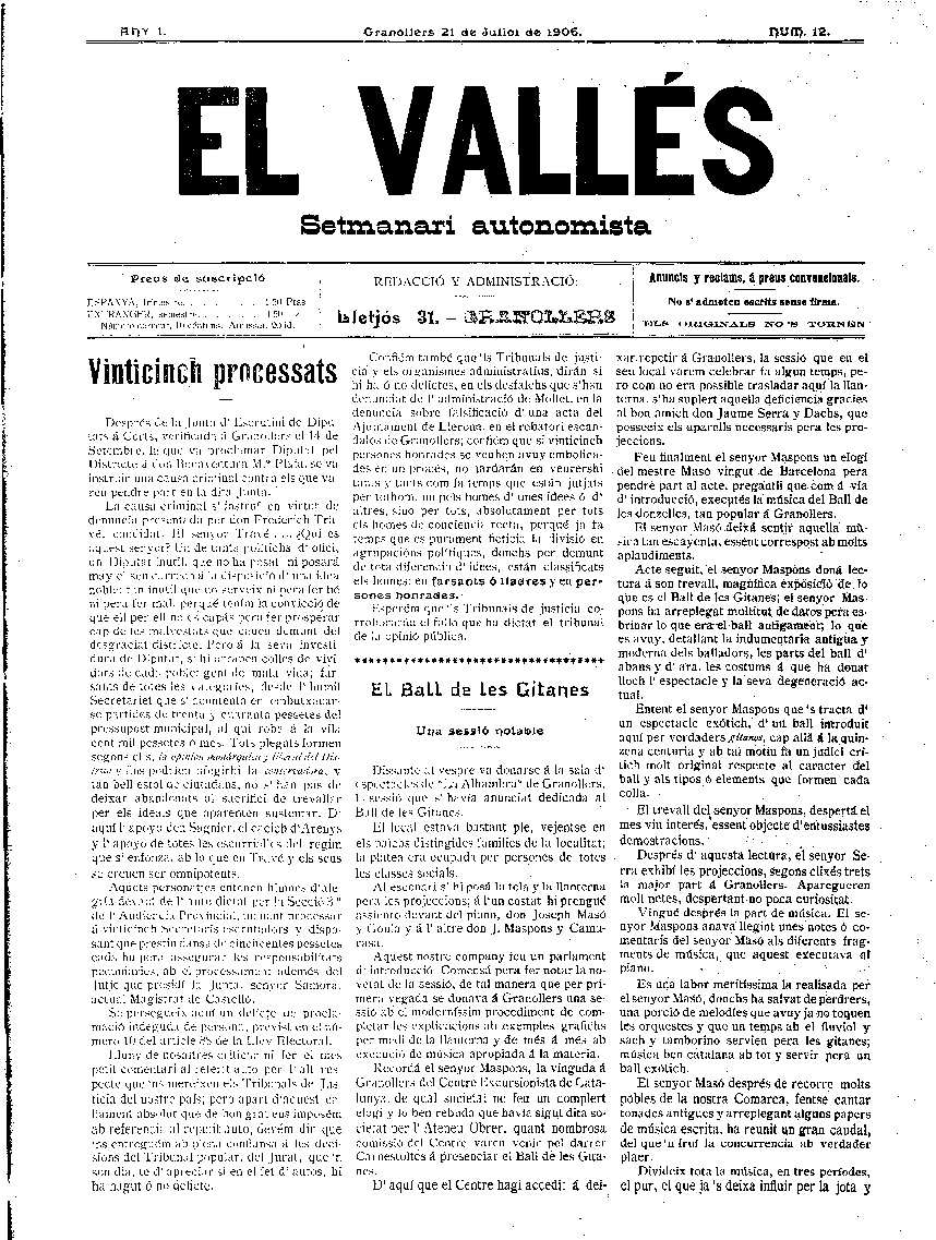 El Vallès. Setmanari autonomista, 21/7/1906 [Issue]
