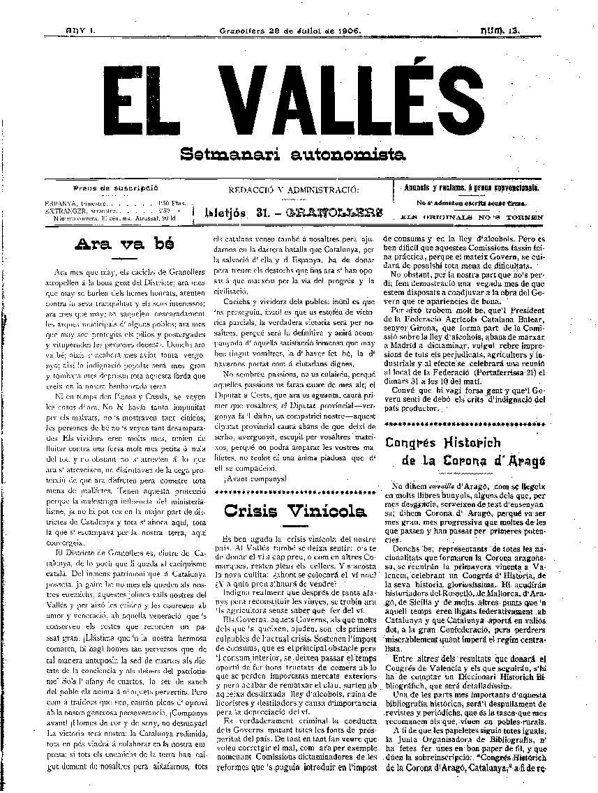 El Vallès. Setmanari autonomista, 28/7/1906 [Issue]
