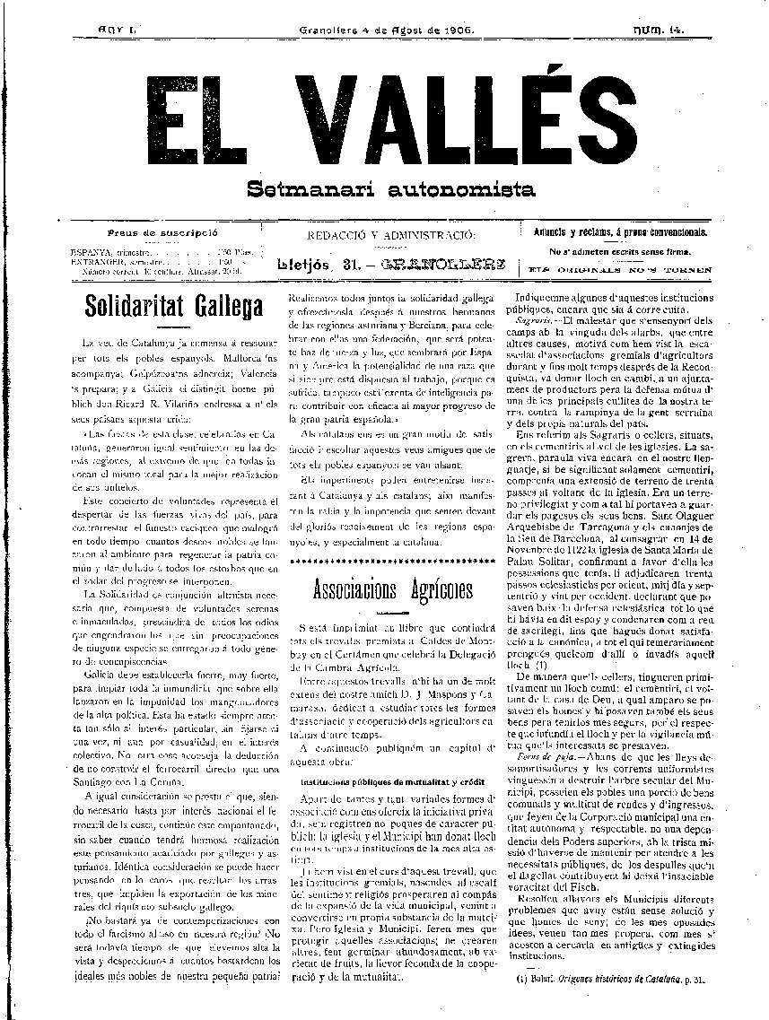 El Vallès. Setmanari autonomista, 4/8/1906 [Issue]