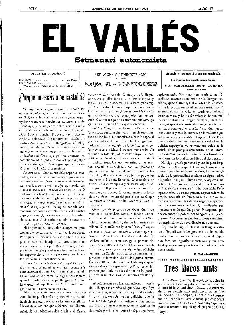 El Vallès. Setmanari autonomista, 25/8/1906 [Issue]