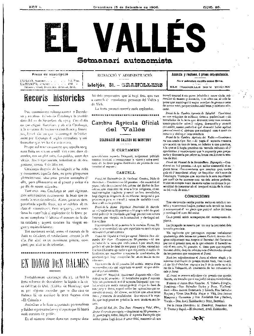 El Vallès. Setmanari autonomista, 15/9/1906 [Issue]