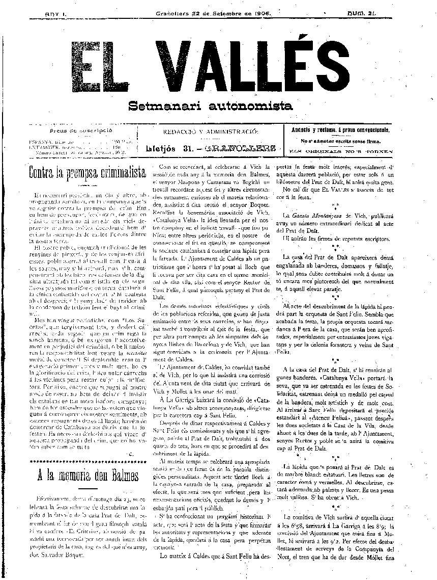 El Vallès. Setmanari autonomista, 22/9/1906 [Issue]