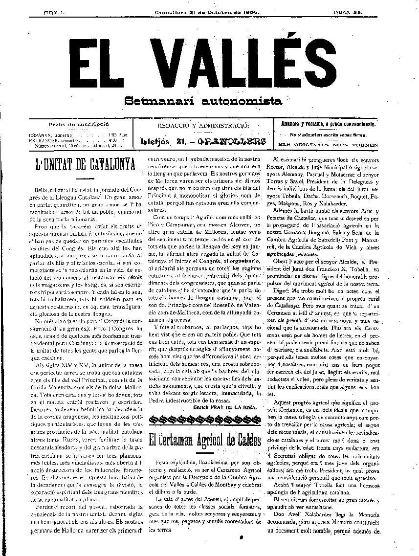 El Vallès. Setmanari autonomista, 21/10/1906 [Issue]