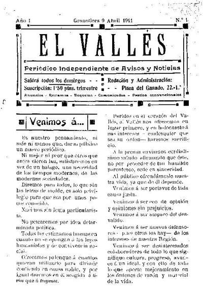 El Vallés. Periódico independiente de avisos y noticias, 9/4/1911 [Issue]