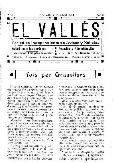 El Vallés. Periódico independiente de avisos y noticias, 16/4/1911 [Issue]