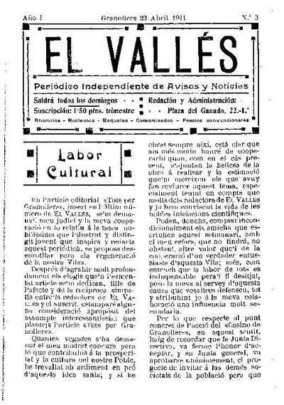 El Vallés. Periódico independiente de avisos y noticias, 23/4/1911 [Issue]