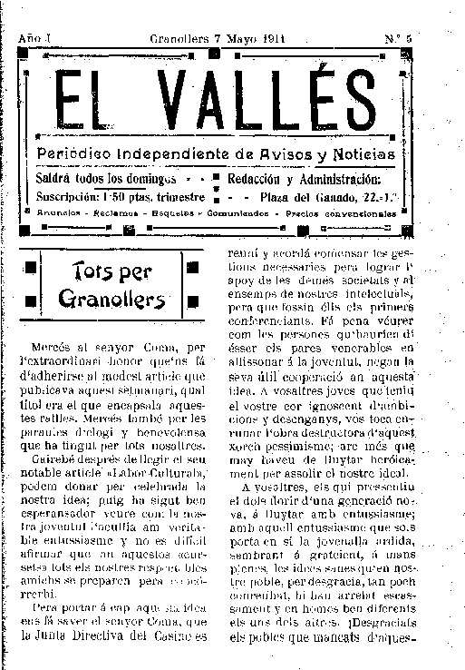 El Vallés. Periódico independiente de avisos y noticias, 1/5/1911 [Issue]