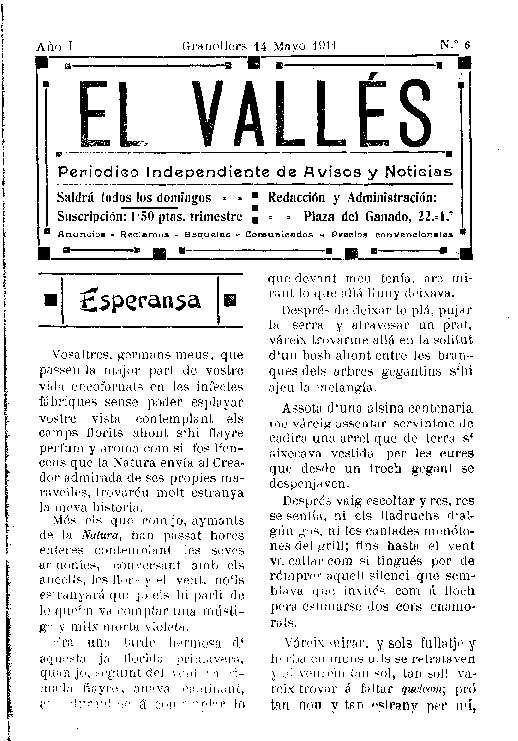 El Vallés. Periódico independiente de avisos y noticias, 14/5/1911 [Issue]