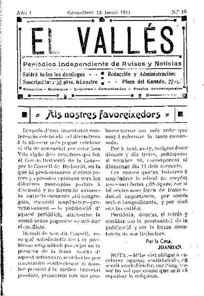 El Vallés. Periódico independiente de avisos y noticias, 13/6/1911 [Issue]