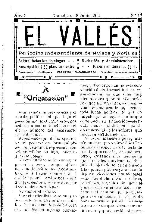 El Vallés. Periódico independiente de avisos y noticias, 18/6/1911 [Issue]