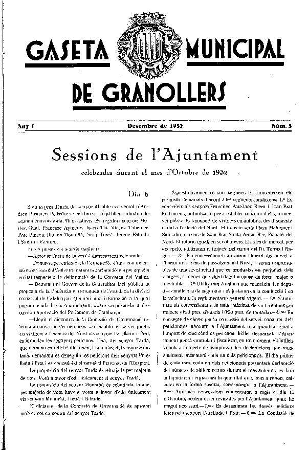 Gaseta Municipal de Granollers, 1/12/1932 [Issue]