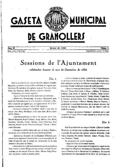 Gaseta Municipal de Granollers, 1/1/1933 [Issue]