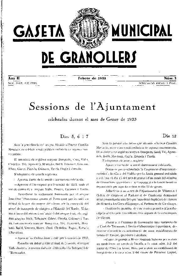 Gaseta Municipal de Granollers, 1/2/1933 [Issue]
