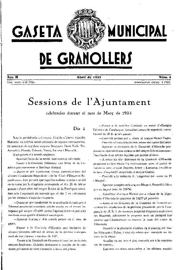 Gaseta Municipal de Granollers, 1/4/1933 [Issue]