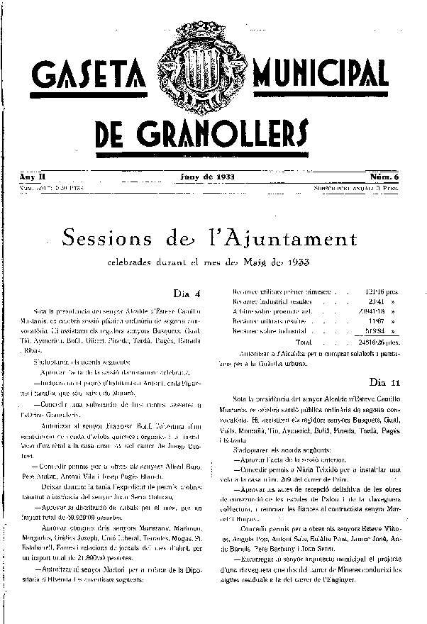 Gaseta Municipal de Granollers, 1/6/1933 [Issue]