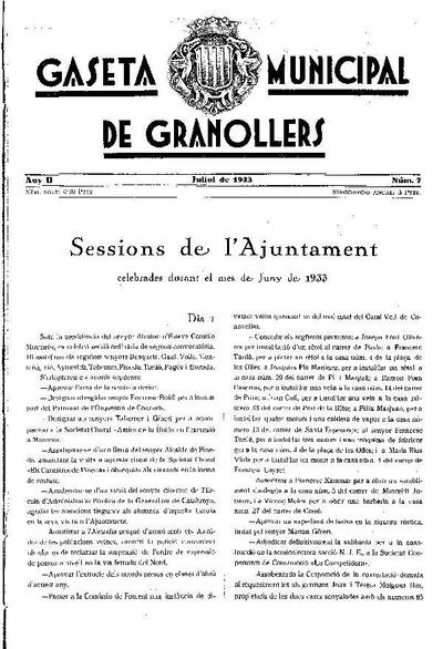 Gaseta Municipal de Granollers, 1/7/1933 [Issue]