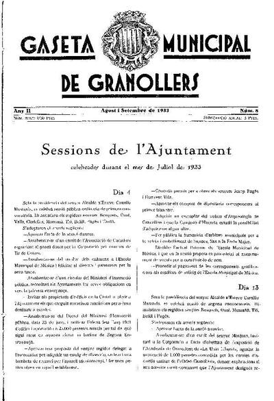Gaseta Municipal de Granollers, 1/8/1933 [Issue]