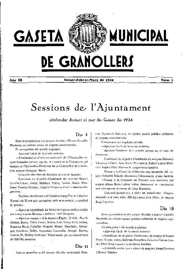 Gaseta Municipal de Granollers, 1/1/1934 [Issue]
