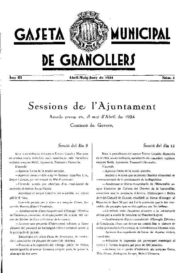 Gaseta Municipal de Granollers, 1/4/1934 [Issue]