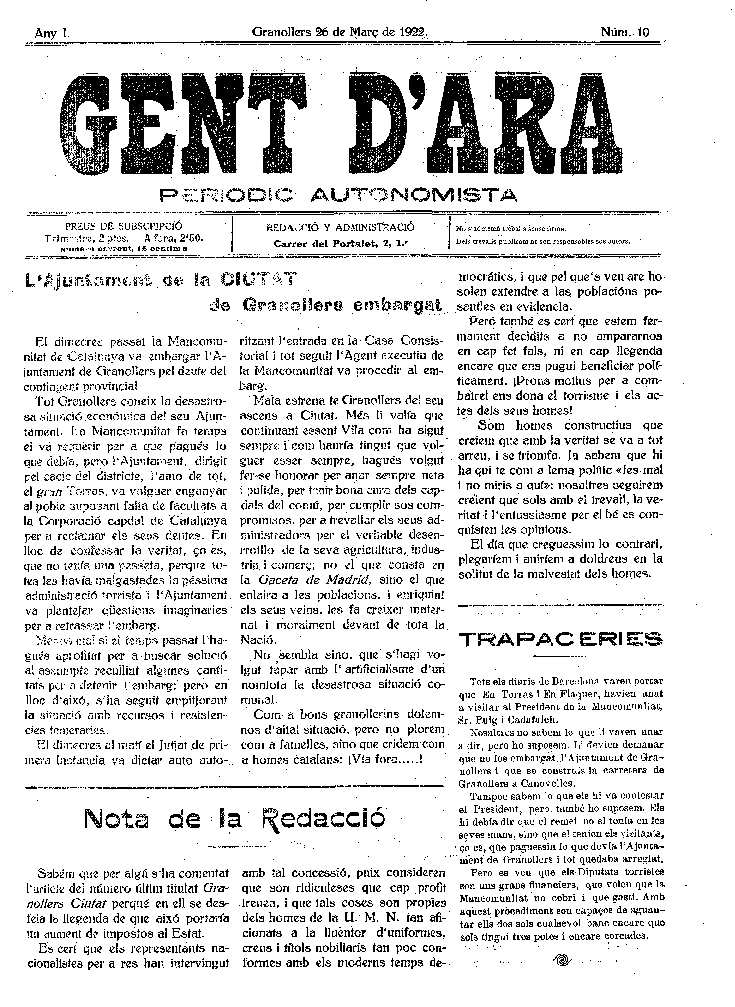 Gent d'ara, 26/3/1922 [Issue]