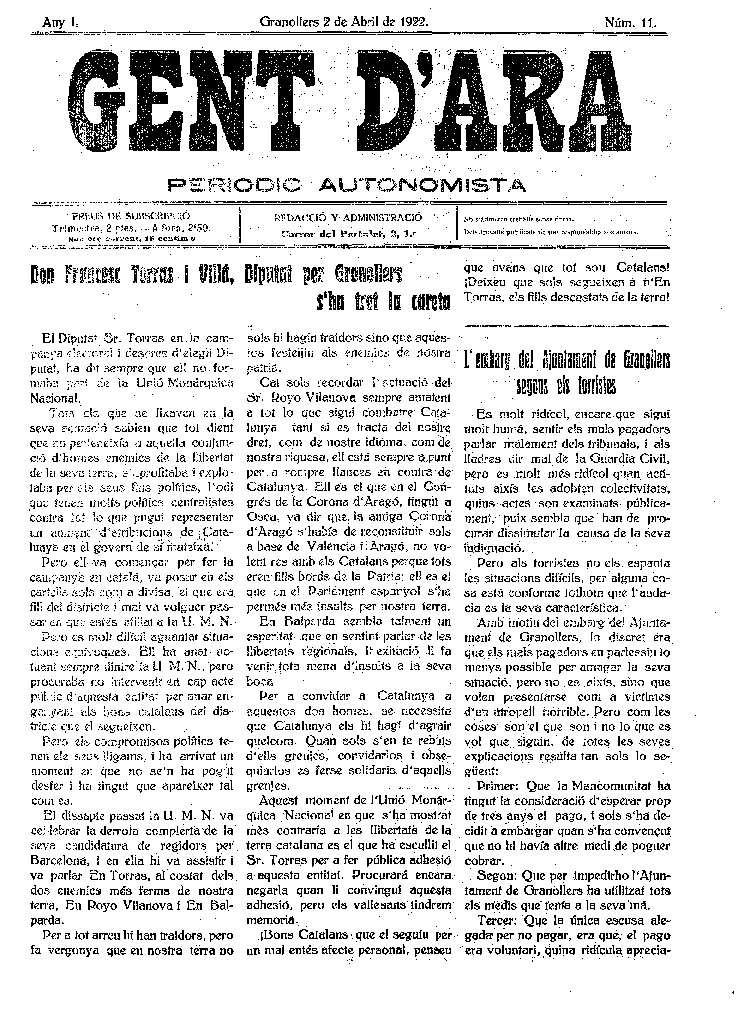 Gent d'ara, 2/4/1922 [Issue]