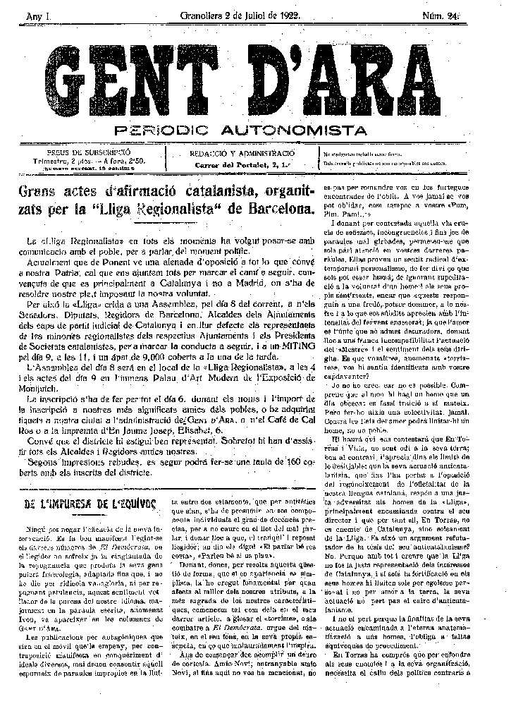 Gent d'ara, 2/7/1922 [Issue]