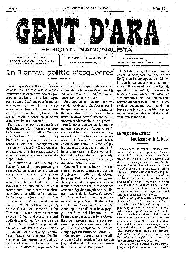 Gent d'ara, 30/7/1922 [Issue]