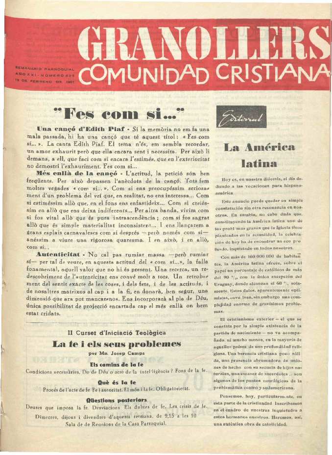 Granollers Comunidad Cristiana, 12/2/1961 [Issue]