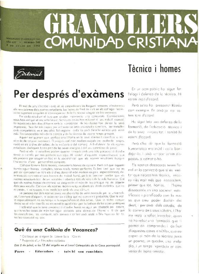 Granollers Comunidad Cristiana, 2/7/1961 [Issue]