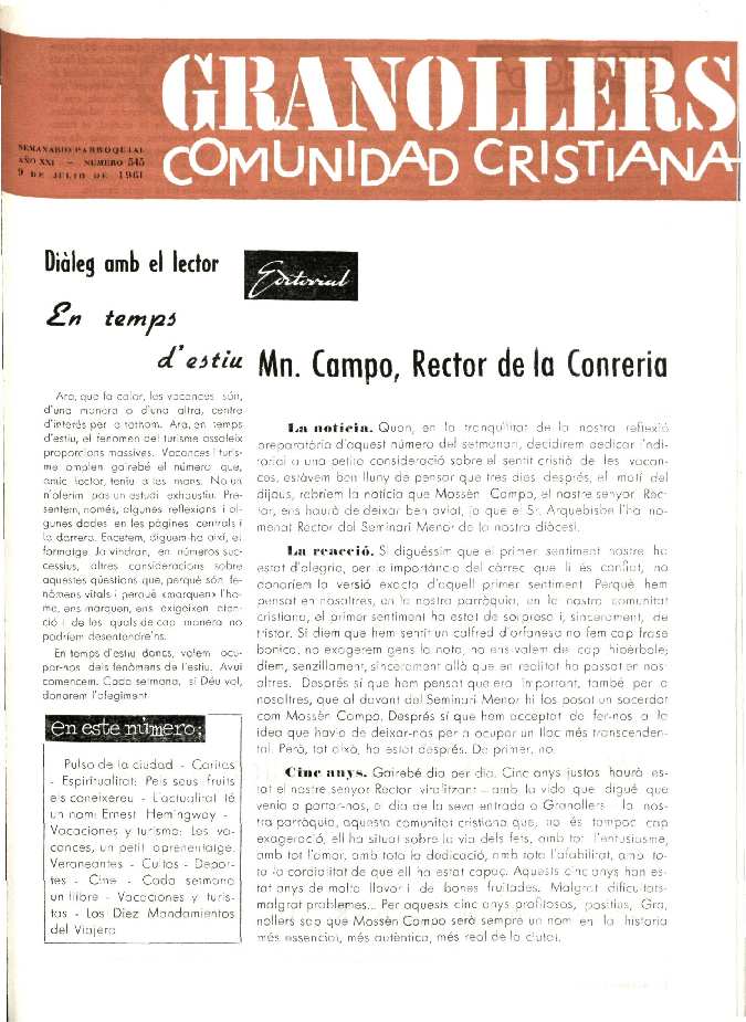 Granollers Comunidad Cristiana, 9/7/1961 [Issue]