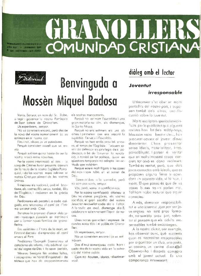 Granollers Comunidad Cristiana, 8/10/1961 [Issue]