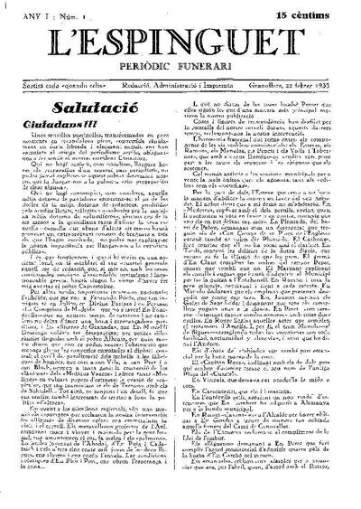 L'Espinguet. Periòdic funerari, 22/2/1933 [Issue]
