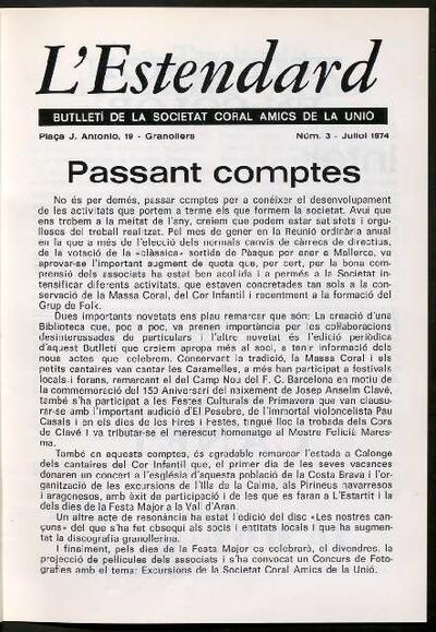 L'Estendard (Butlletí Societat Coral Amics de la Unió), 7/1974 [Issue]