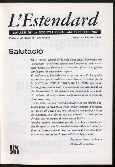 L'Estendard (Butlletí Societat Coral Amics de la Unió), 10/1974 [Ejemplar]