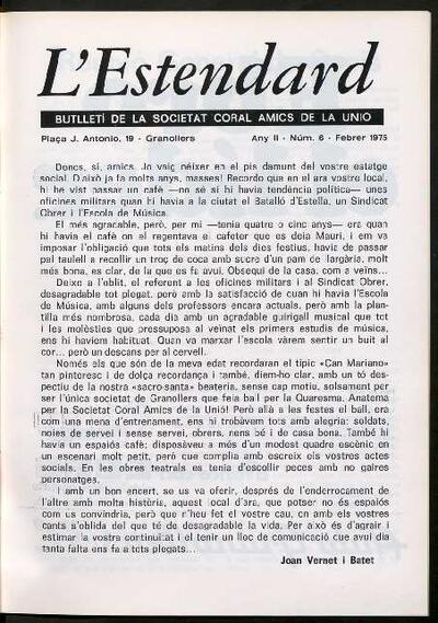 L'Estendard (Butlletí Societat Coral Amics de la Unió), 2/1975 [Issue]