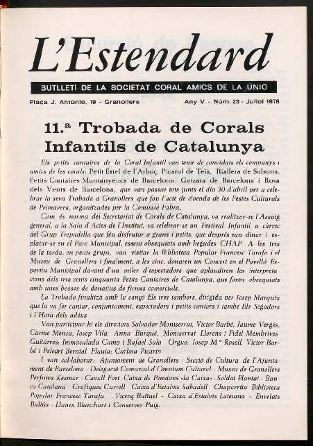 L'Estendard (Butlletí Societat Coral Amics de la Unió), 7/1978 [Issue]
