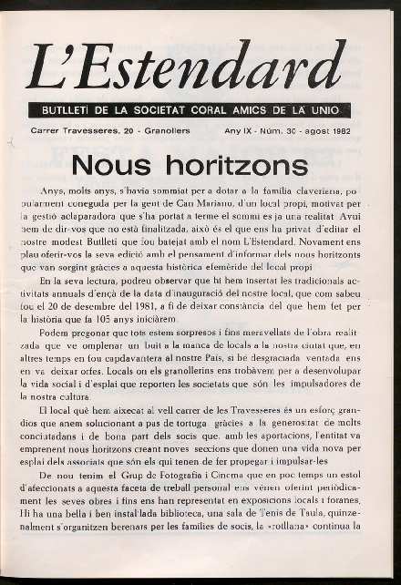 L'Estendard (Butlletí Societat Coral Amics de la Unió), 8/1982 [Issue]