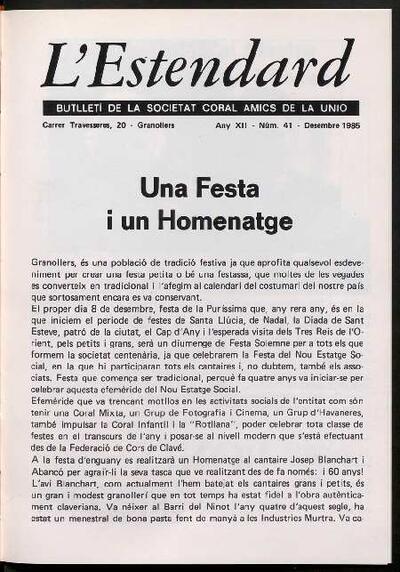 L'Estendard (Butlletí Societat Coral Amics de la Unió), 12/1985 [Ejemplar]