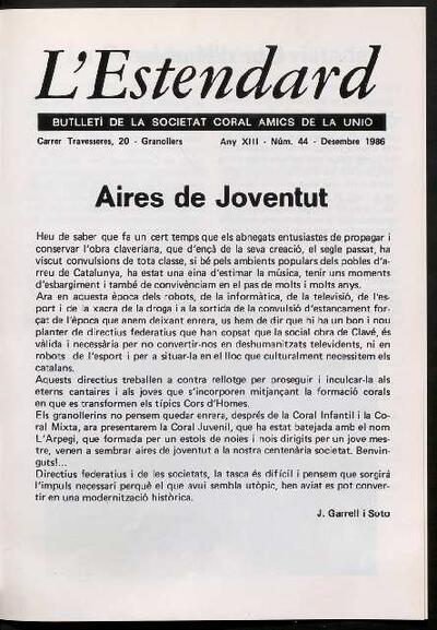 L'Estendard (Butlletí Societat Coral Amics de la Unió), 12/1986 [Ejemplar]