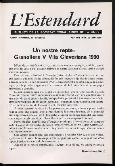 L'Estendard (Butlletí Societat Coral Amics de la Unió), 4/1990 [Issue]