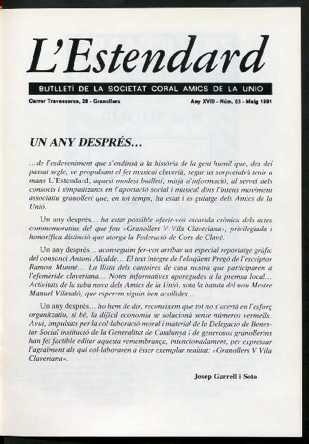 L'Estendard (Butlletí Societat Coral Amics de la Unió), 5/1991 [Ejemplar]