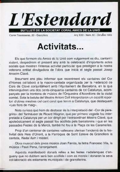 L'Estendard (Butlletí Societat Coral Amics de la Unió), 10/1995 [Ejemplar]