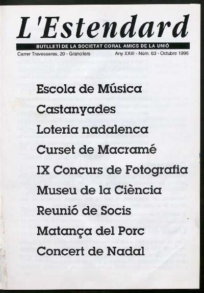 L'Estendard (Butlletí Societat Coral Amics de la Unió), 10/1996 [Issue]